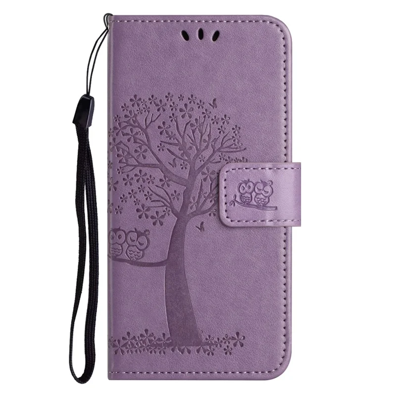 For Samsung Galaxy A04 4G (164.4 x 76.3 x 9.1 mm) / M13 5G Anti-fall PU Leather Phone Case Imprinted Owl Tree Pattern Flip Wallet Cover Stand - Purple