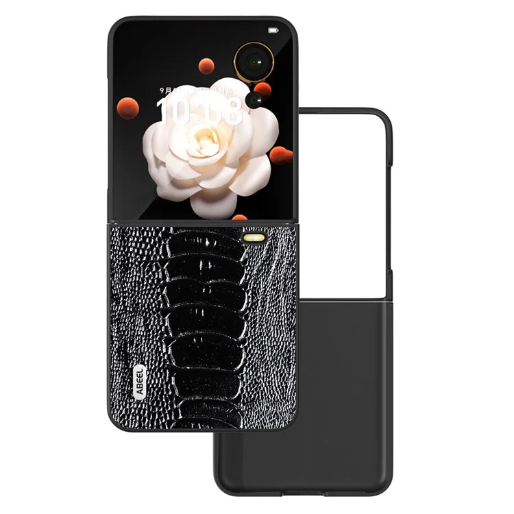 ABEEL For Honor Magic V Flip 5G Case Crocodile Texture Genuine Cow Leather+PC Phone Cover - Schwarz