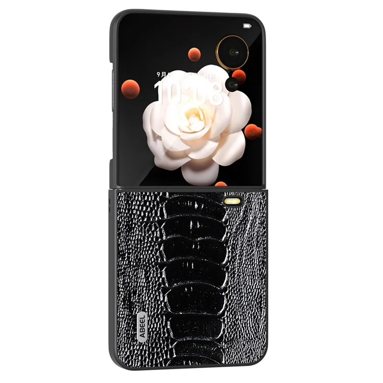 ABEEL For Honor Magic V Flip 5G Case Crocodile Texture Genuine Cow Leather+PC Phone Cover - Schwarz