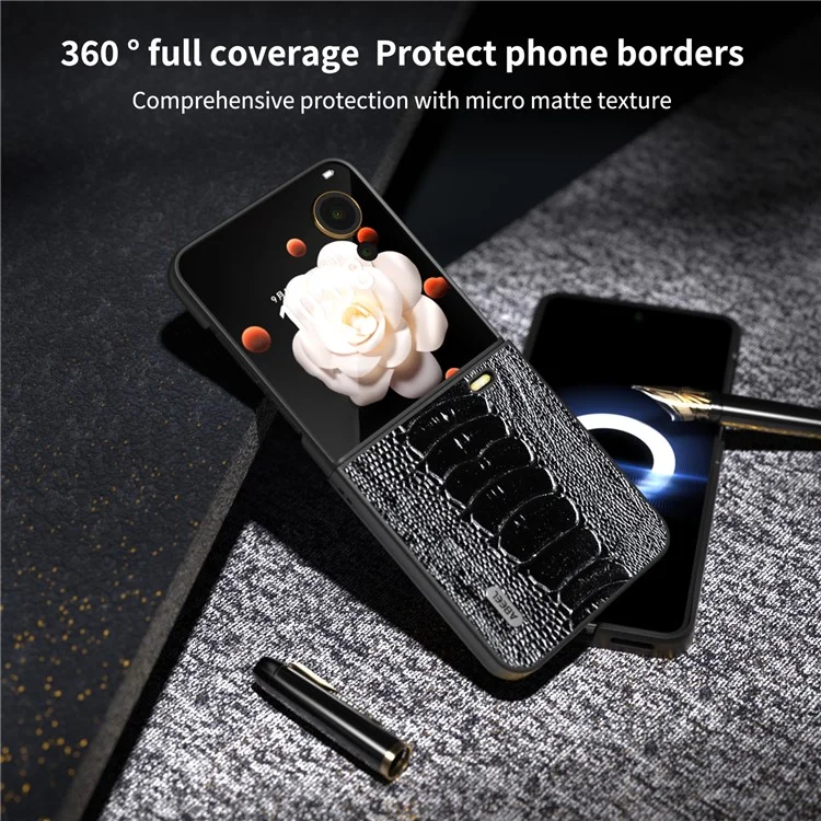 ABEEL For Honor Magic V Flip 5G Case Crocodile Texture Genuine Cow Leather+PC Phone Cover - Schwarz
