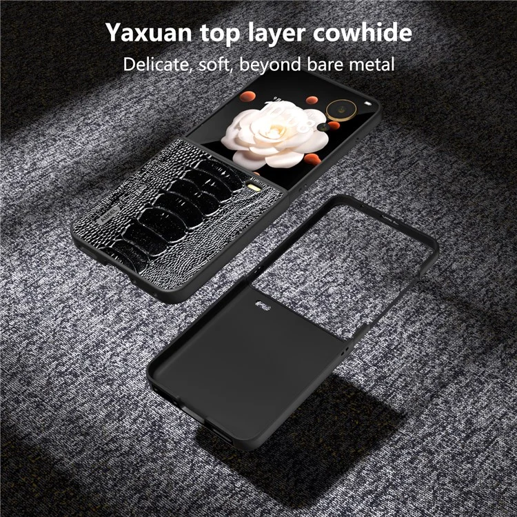 ABEEL For Honor Magic V Flip 5G Case Crocodile Texture Genuine Cow Leather+PC Phone Cover - Schwarz