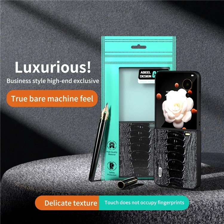 ABEEL For Honor Magic V Flip 5G Case Crocodile Texture Genuine Cow Leather+PC Phone Cover - Schwarz