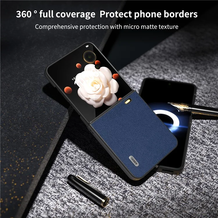 ABEEL For Honor Magic V Flip 5G Capa de Couro Genuíno de Vaca+PC Preto na Borda - Azul