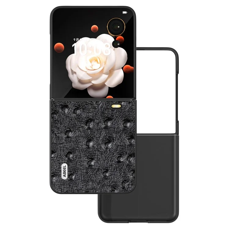ABEEL Capa de couro genuíno de vaca + PC para o Honor Magic V Flip 5G, com textura de avestruz - Preta