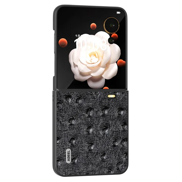 ABEEL Capa de couro genuíno de vaca + PC para o Honor Magic V Flip 5G, com textura de avestruz - Preta