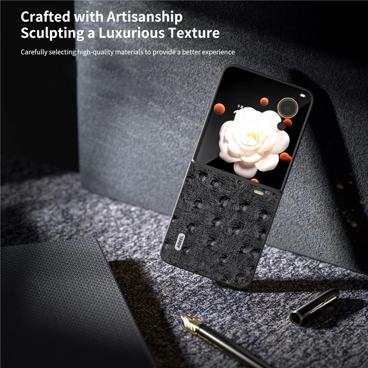 ABEEL Capa de couro genuíno de vaca + PC para o Honor Magic V Flip 5G, com textura de avestruz - Preta