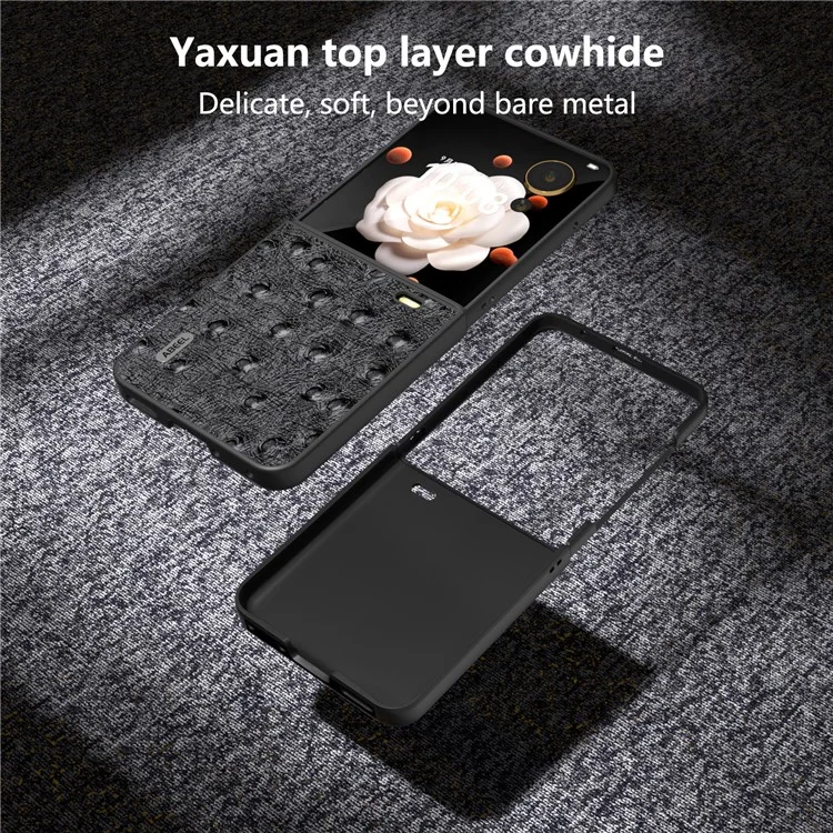 ABEEL Capa de couro genuíno de vaca + PC para o Honor Magic V Flip 5G, com textura de avestruz - Preta