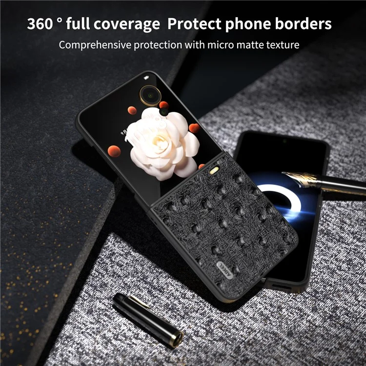 ABEEL Capa de couro genuíno de vaca + PC para o Honor Magic V Flip 5G, com textura de avestruz - Preta