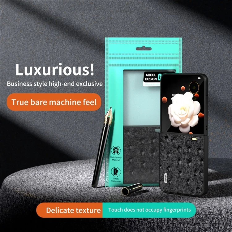 ABEEL Capa de couro genuíno de vaca + PC para o Honor Magic V Flip 5G, com textura de avestruz - Preta