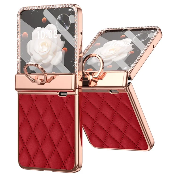 Para Honor Magic V Flip 5G Capa Suporte de Anel de Couro+PC Capa do Telefone Filme de Tela Traseira - Vinho Tinto