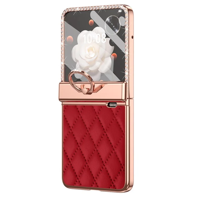 Para Honor Magic V Flip 5G Capa Suporte de Anel de Couro+PC Capa do Telefone Filme de Tela Traseira - Vinho Tinto