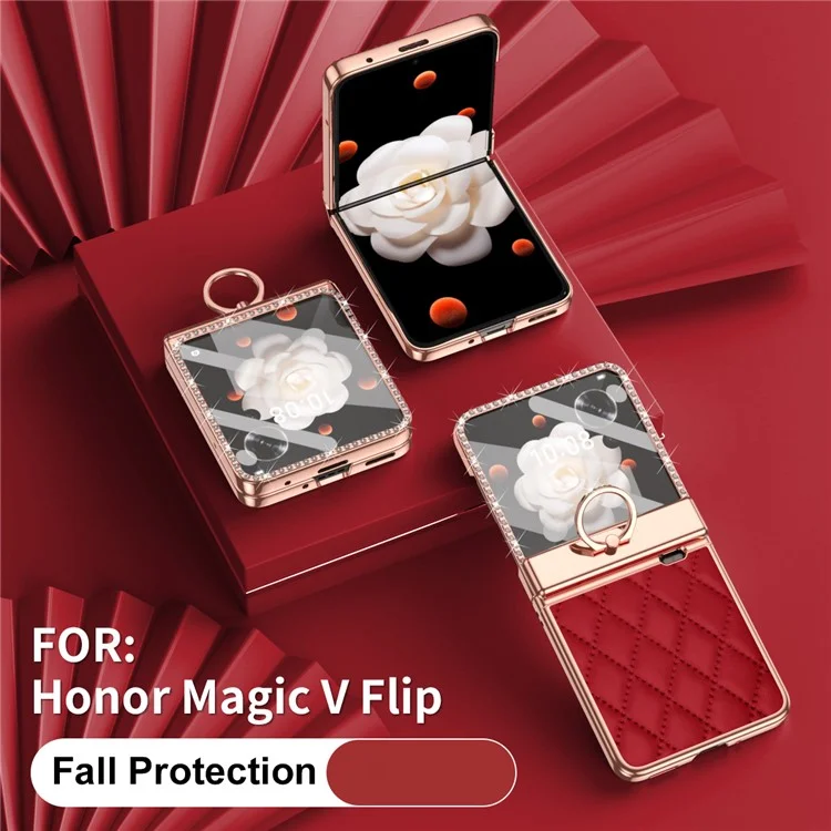 Para Honor Magic V Flip 5G Capa Suporte de Anel de Couro+PC Capa do Telefone Filme de Tela Traseira - Vinho Tinto