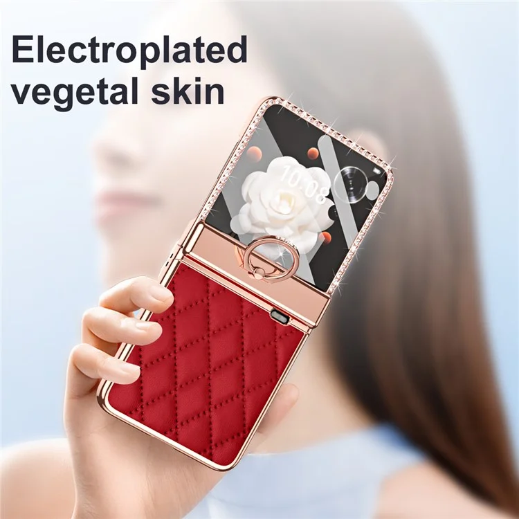 Para Honor Magic V Flip 5G Capa Suporte de Anel de Couro+PC Capa do Telefone Filme de Tela Traseira - Vinho Tinto
