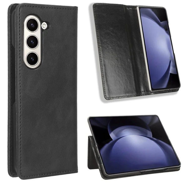 For Samsung Galaxy Z Fold6 5G Case PU Leather Retro Phone Stand Cover - Black