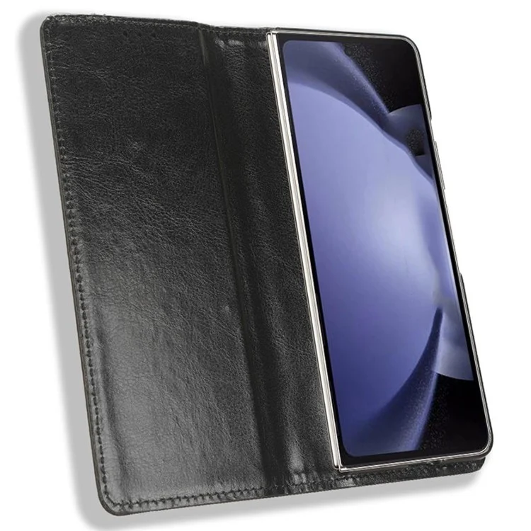 For Samsung Galaxy Z Fold6 5G Case PU Leather Retro Phone Stand Cover - Black