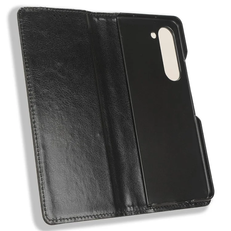 For Samsung Galaxy Z Fold6 5G Case PU Leather Retro Phone Stand Cover - Black
