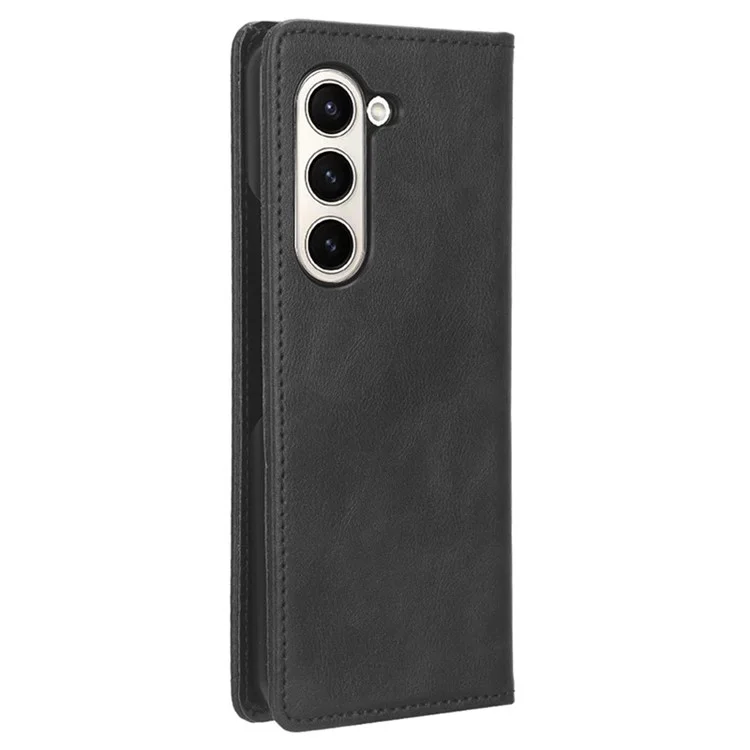 For Samsung Galaxy Z Fold6 5G Case PU Leather Retro Phone Stand Cover - Black