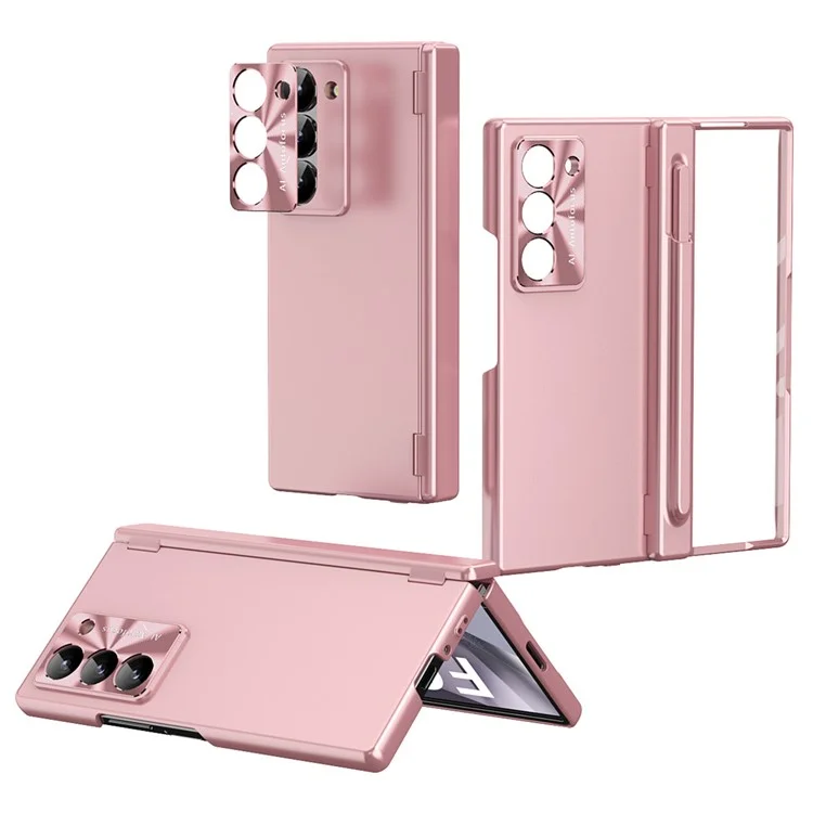 For Samsung Galaxy Z Fold6 5G Dual Hinge Phone Case Electroplating PC Phone Cover with Stylus Pen - Pink