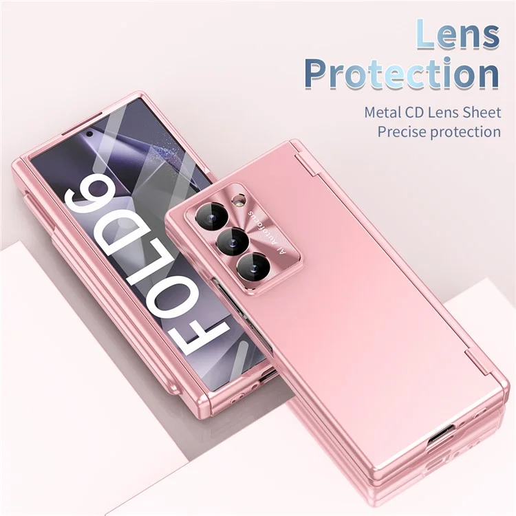 For Samsung Galaxy Z Fold6 5G Dual Hinge Phone Case Electroplating PC Phone Cover with Stylus Pen - Pink