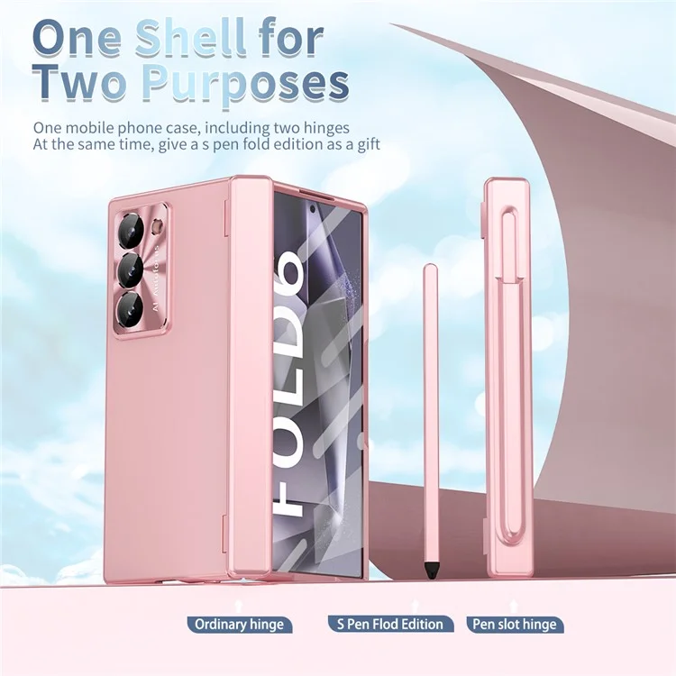 For Samsung Galaxy Z Fold6 5G Dual Hinge Phone Case Electroplating PC Phone Cover with Stylus Pen - Pink