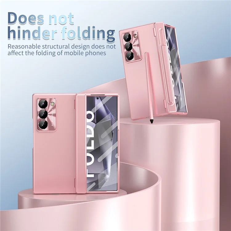 For Samsung Galaxy Z Fold6 5G Dual Hinge Phone Case Electroplating PC Phone Cover with Stylus Pen - Pink