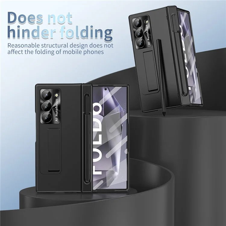 Pour Samsung Galaxy Z Fold6 5G Had PC Phone Case Kickstand Cover with Pen / Pen Slot - Noir