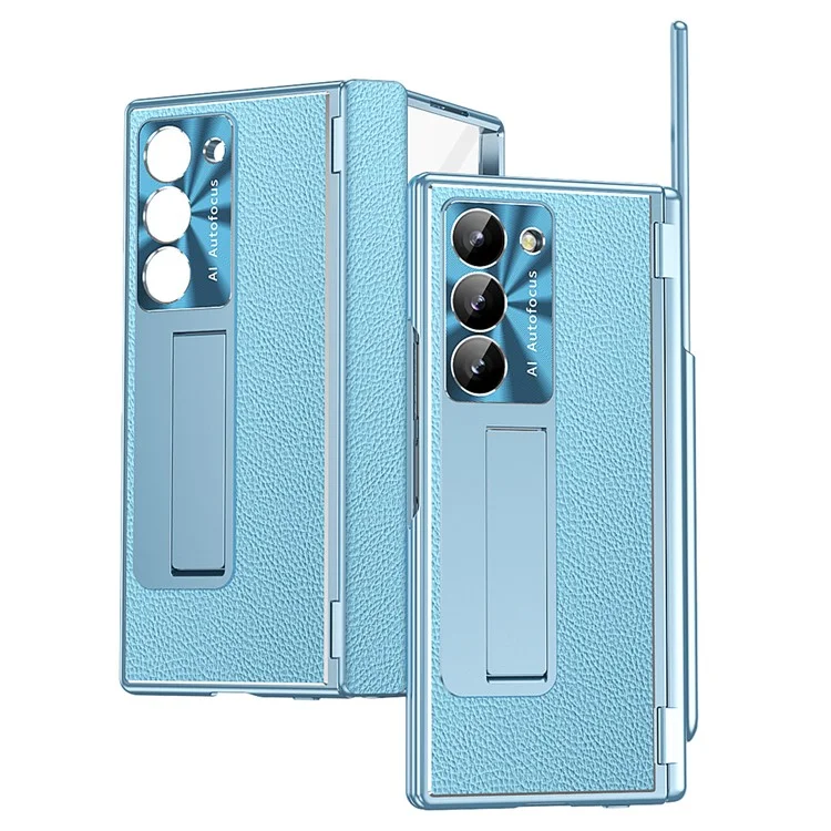 For Samsung Galaxy Z Fold6 5G PU Leather+Aluminum Alloy Kickstand Cover Folding Phone Case with Pen  /  Pen Slot - Baby Blue