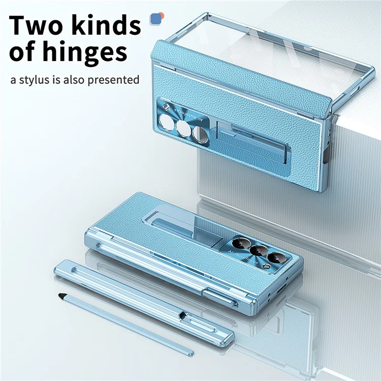 For Samsung Galaxy Z Fold6 5G PU Leather+Aluminum Alloy Kickstand Cover Folding Phone Case with Pen  /  Pen Slot - Baby Blue
