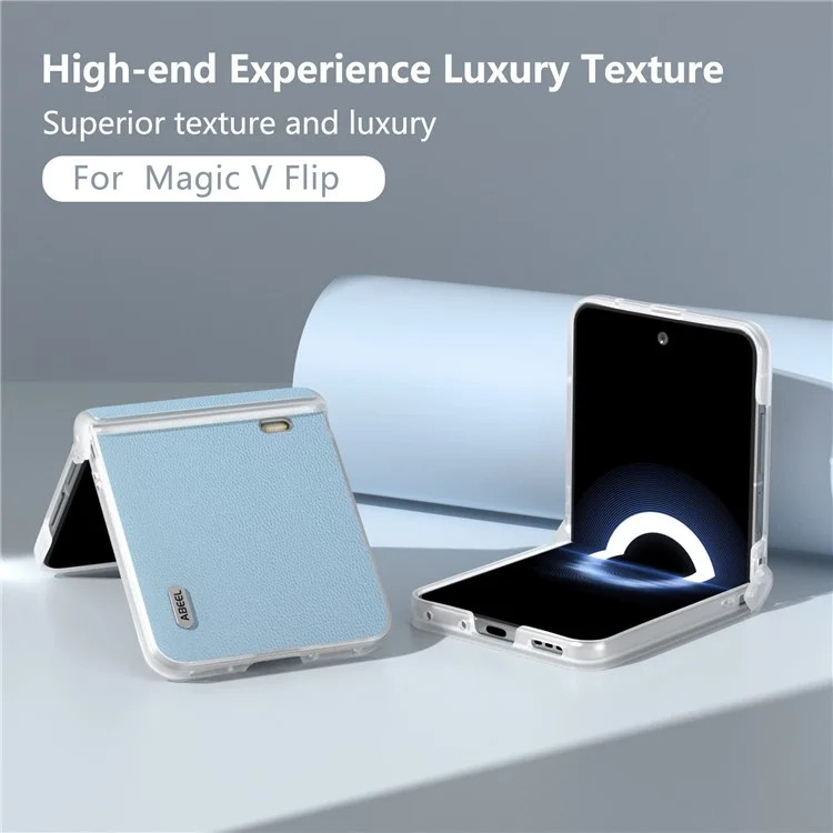 ABEEL For Honor Magic V Flip 5G Case Dobradiça Design Matte Couro de Vaca Genuína+PC Capa de Telefone - Azul Céu
