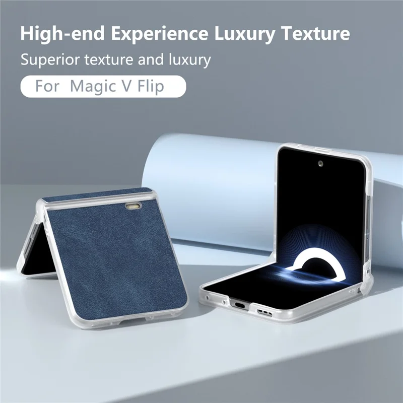 ABEEL For Honor Magic V Flip 5G Case Hinge Design Matte Edge PU Leather Coated PC Folding Phone Cover - Blue
