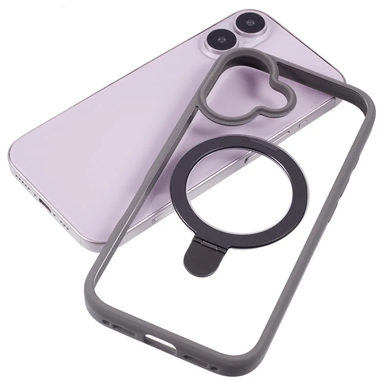 Чехол для iPhone 16 Plus с магнитной подставкой, PC+TPU, прозрачная задняя панель - серый