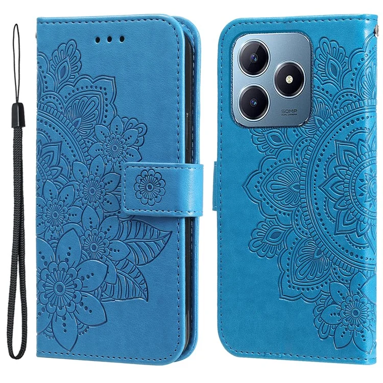 For Realme Note 60x 4G / C63 4G / C61 4G / Note 60 Case Floral Pattern PU Leather Wallet Stand Phone Cover - Blue