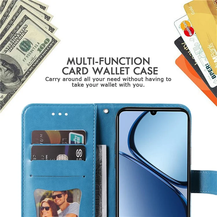For Realme Note 60x 4G / C63 4G / C61 4G / Note 60 Case Floral Pattern PU Leather Wallet Stand Phone Cover - Blue