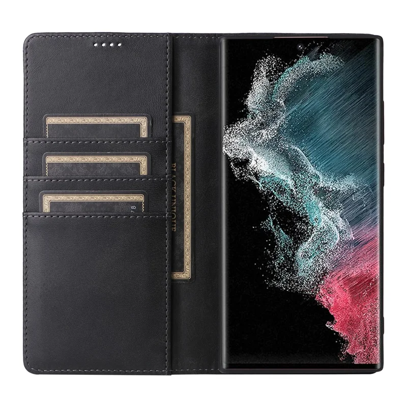 For Samsung Galaxy S22 Ultra 5G Case Leather Phone Cover RFID Blocking - Black