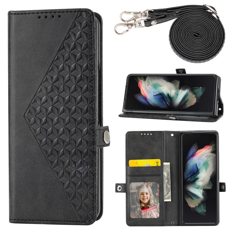 For Samsung Galaxy Z Fold6 5G Wallet Case Calf Texture PU Leather Phone Cover with Shoulder Strap - Black