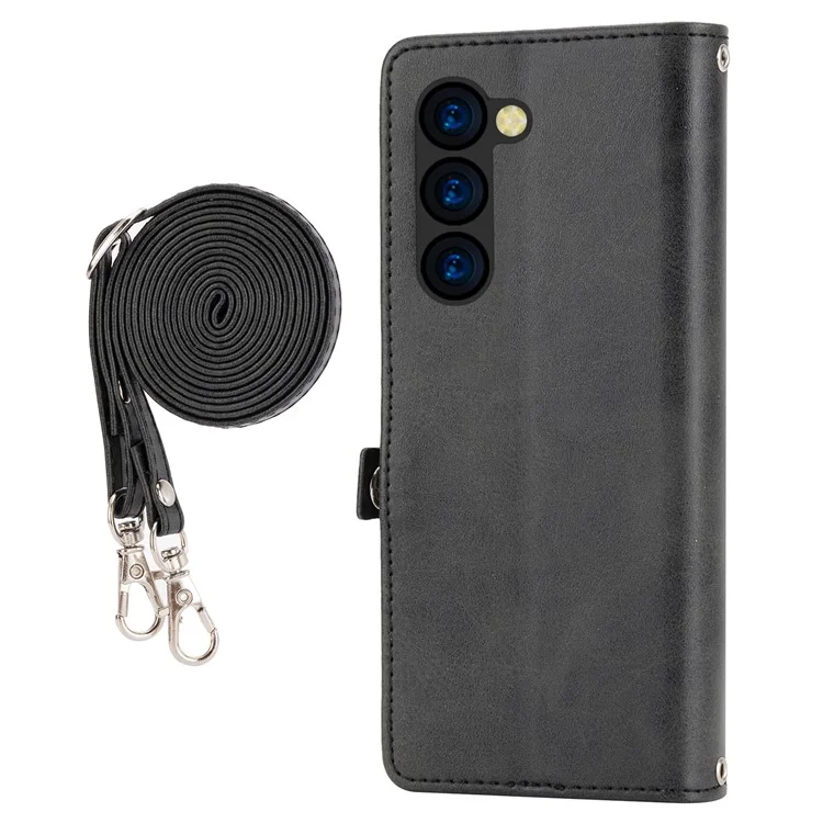 For Samsung Galaxy Z Fold6 5G Wallet Case Calf Texture PU Leather Phone Cover with Shoulder Strap - Black