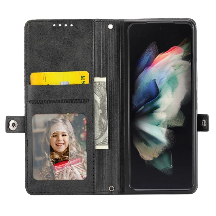 For Samsung Galaxy Z Fold6 5G Wallet Case Calf Texture PU Leather Phone Cover with Shoulder Strap - Black