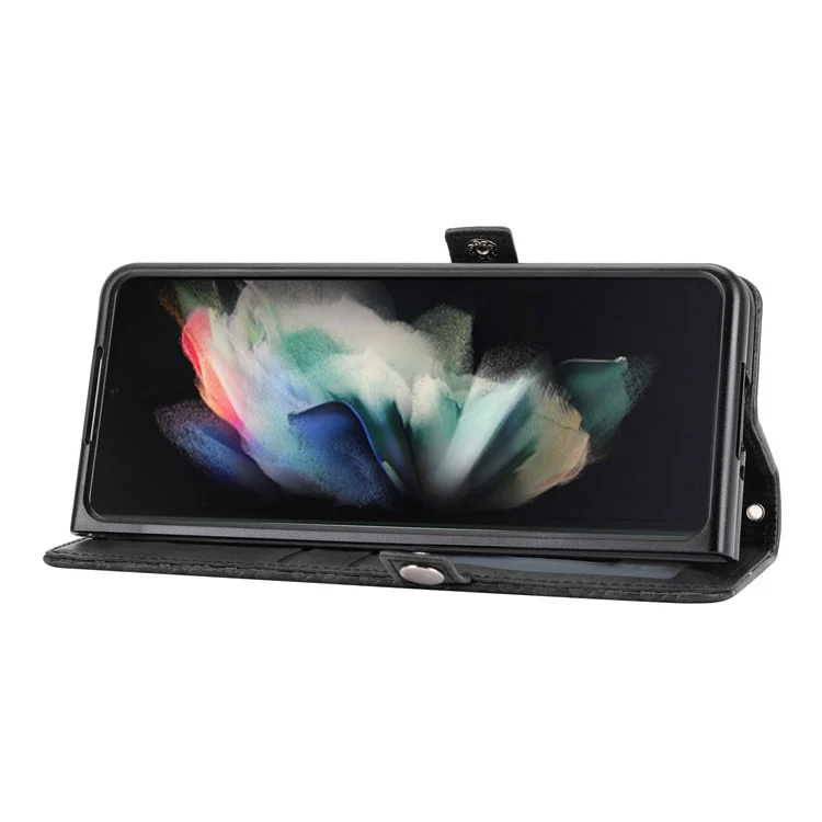 For Samsung Galaxy Z Fold6 5G Wallet Case Calf Texture PU Leather Phone Cover with Shoulder Strap - Black