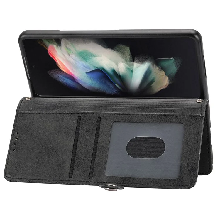 For Samsung Galaxy Z Fold6 5G Wallet Case Calf Texture PU Leather Phone Cover with Shoulder Strap - Black