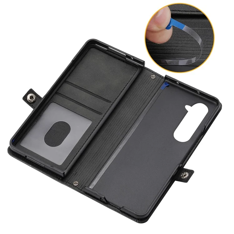 For Samsung Galaxy Z Fold6 5G Wallet Case Calf Texture PU Leather Phone Cover with Shoulder Strap - Black