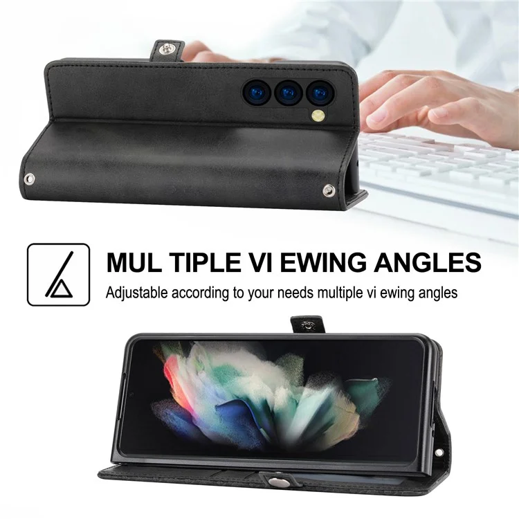 For Samsung Galaxy Z Fold6 5G Wallet Case Calf Texture PU Leather Phone Cover with Shoulder Strap - Black