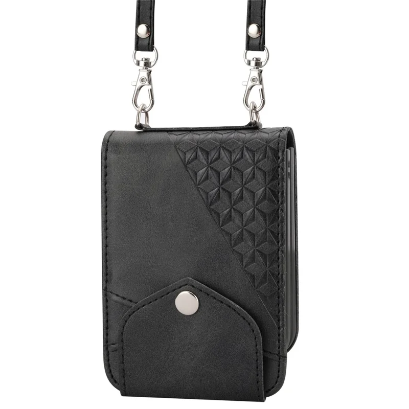 For Samsung Galaxy Z Flip7 FE 5G / Z Flip6 5G Case Calf Texture PU Leather Phone Cover with Shoulder Strap - Black