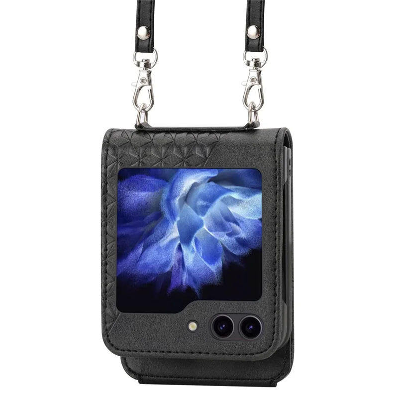 For Samsung Galaxy Z Flip7 FE 5G / Z Flip6 5G Case Calf Texture PU Leather Phone Cover with Shoulder Strap - Black