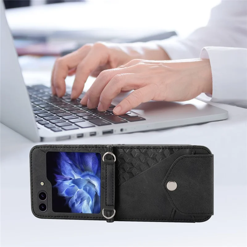 For Samsung Galaxy Z Flip7 FE 5G / Z Flip6 5G Case Calf Texture PU Leather Phone Cover with Shoulder Strap - Black