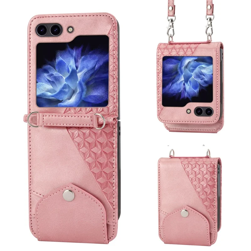 For Samsung Galaxy Z Flip7 FE 5G / Z Flip6 5G Case Calf Texture PU Leather Phone Cover with Shoulder Strap - Rose Gold