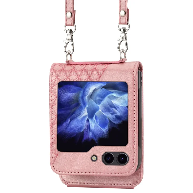 For Samsung Galaxy Z Flip7 FE 5G / Z Flip6 5G Case Calf Texture PU Leather Phone Cover with Shoulder Strap - Rose Gold