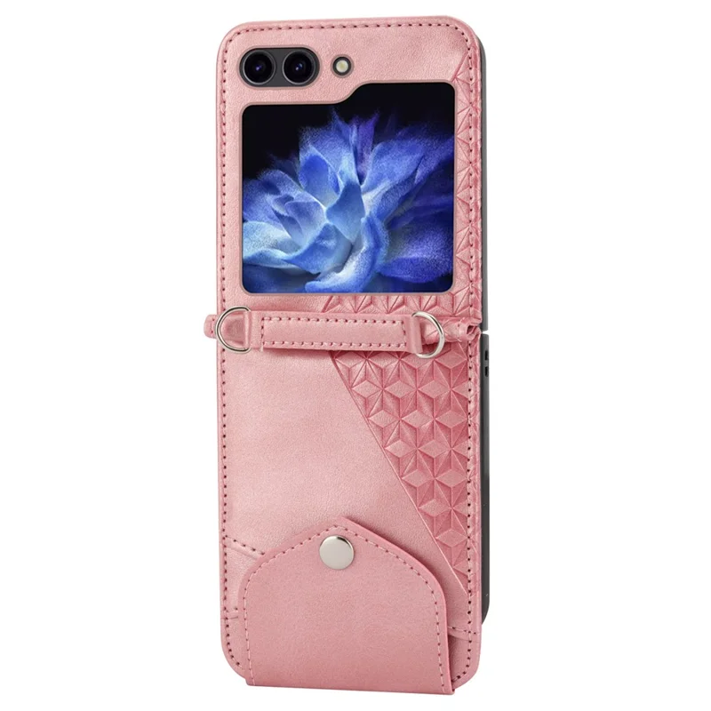 For Samsung Galaxy Z Flip7 FE 5G / Z Flip6 5G Case Calf Texture PU Leather Phone Cover with Shoulder Strap - Rose Gold