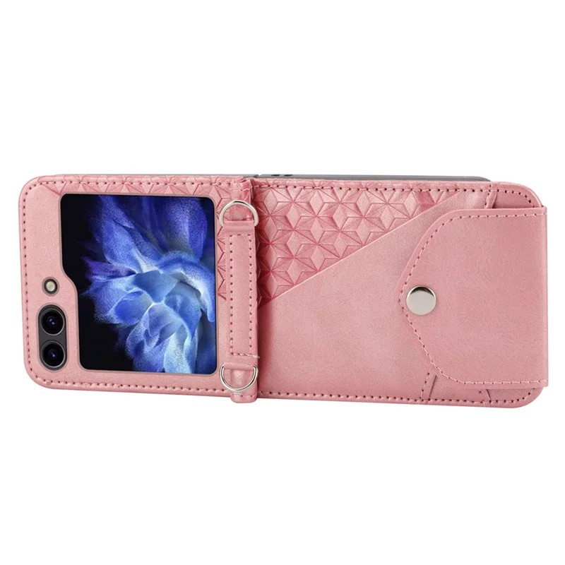 For Samsung Galaxy Z Flip7 FE 5G / Z Flip6 5G Case Calf Texture PU Leather Phone Cover with Shoulder Strap - Rose Gold