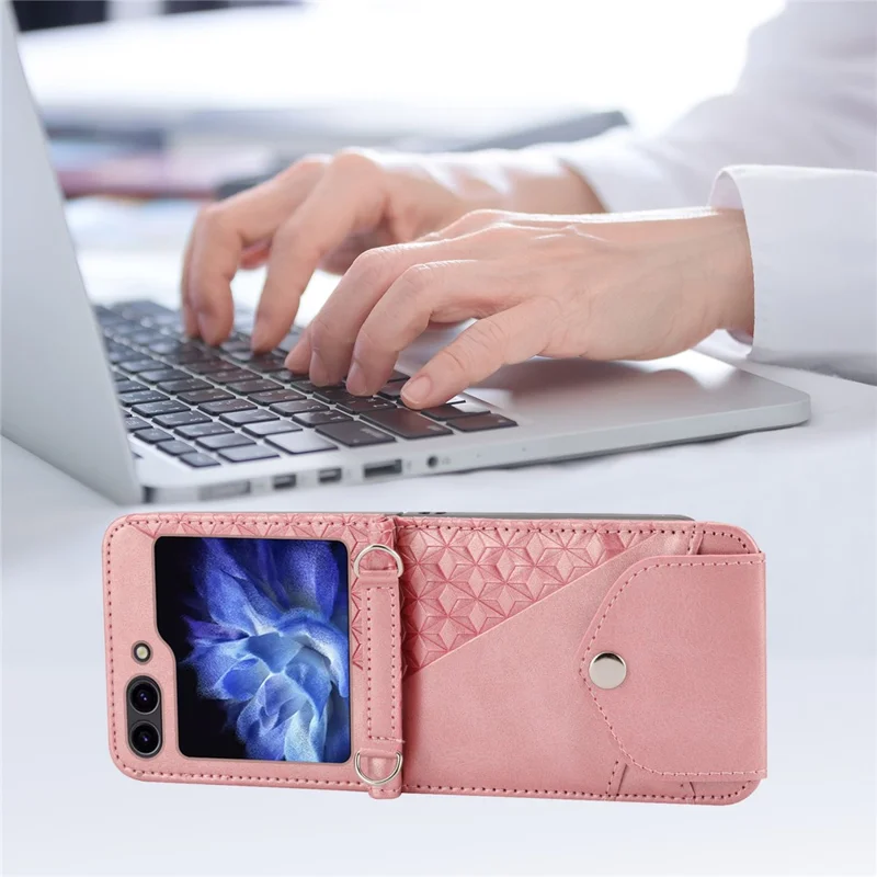 For Samsung Galaxy Z Flip7 FE 5G / Z Flip6 5G Case Calf Texture PU Leather Phone Cover with Shoulder Strap - Rose Gold