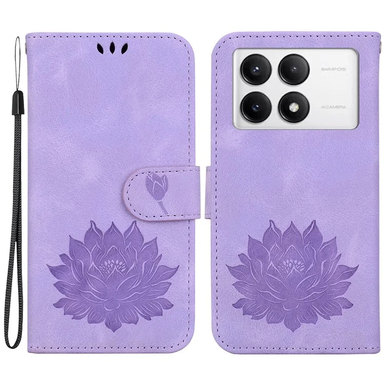 Para Xiaomi Poco F6 Pro 5G / Redmi K70 5G / K70 Pro 5G Funda de Cartera para Teléfono Móvil con Estampado de Loto - Púrpura